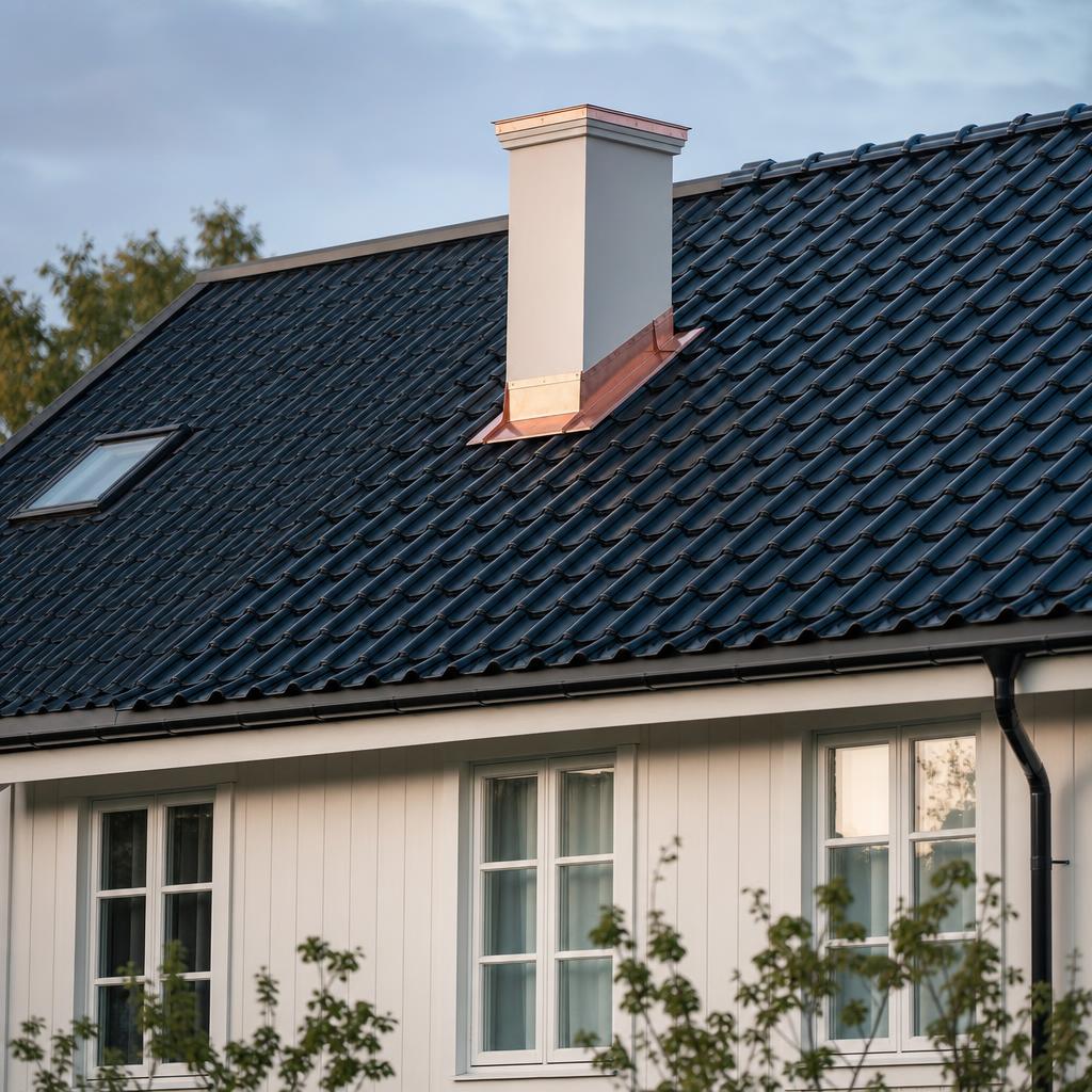 Snötäckt tak med skorsten