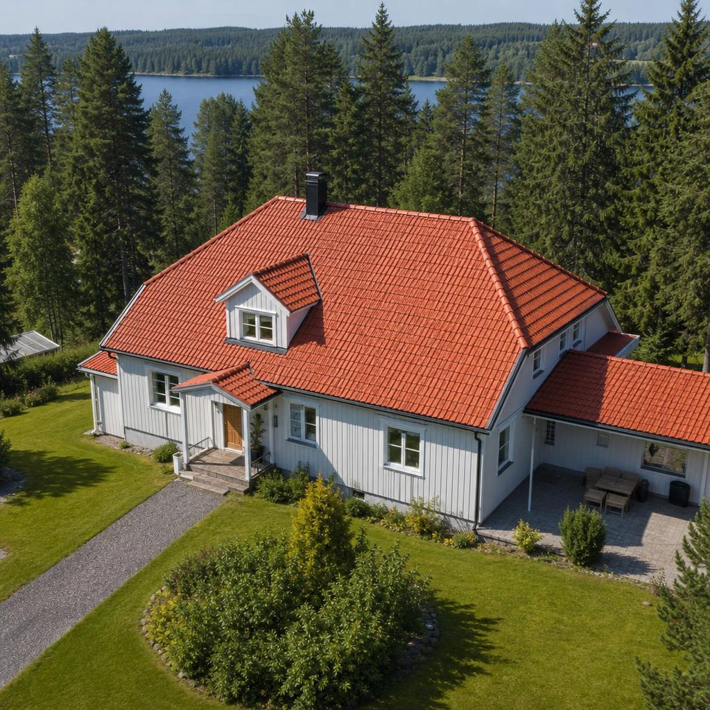 Flygbild över villa med rött tegeltak